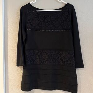 White House Black Market Elegant Black Lace and Gem Women's 3/4 Sleeve Sweater
